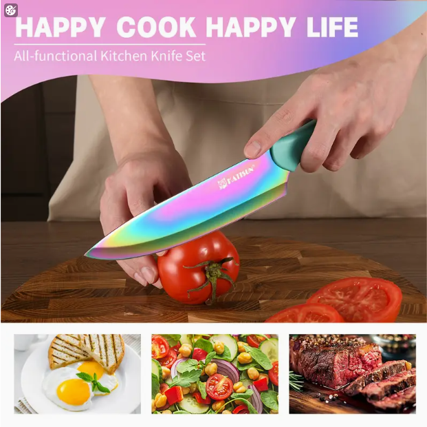 14 Piece Rainbow Colored High Carbon Stainless Steel Kitchen Knife Set - Image 4