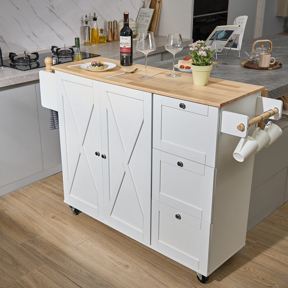 Mobile Kitchen Island with Solid Wood Top and Drop Leaf