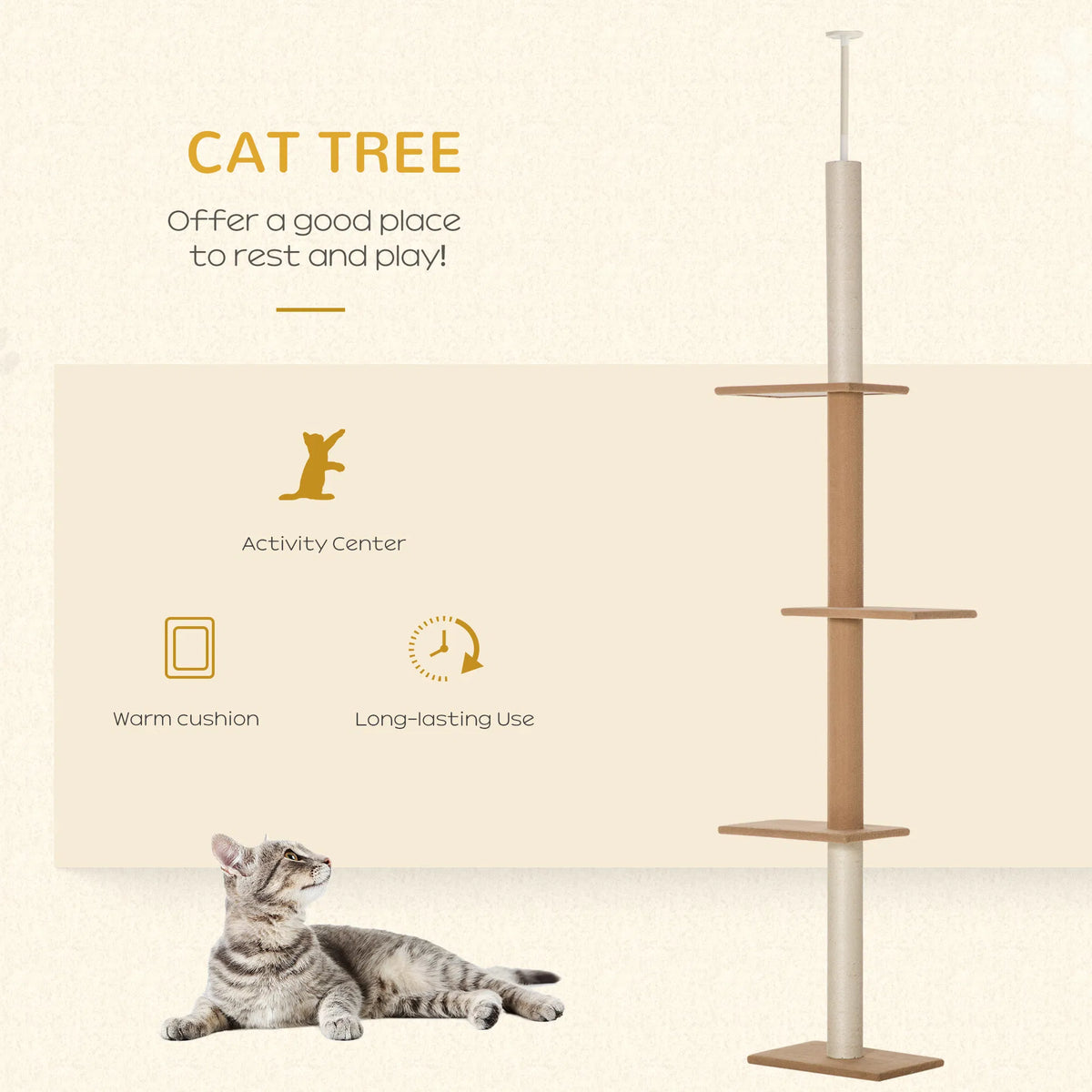 100" Floor To Ceiling Cat Tree w/ 3 Perches Activity Center for Kittens Cat