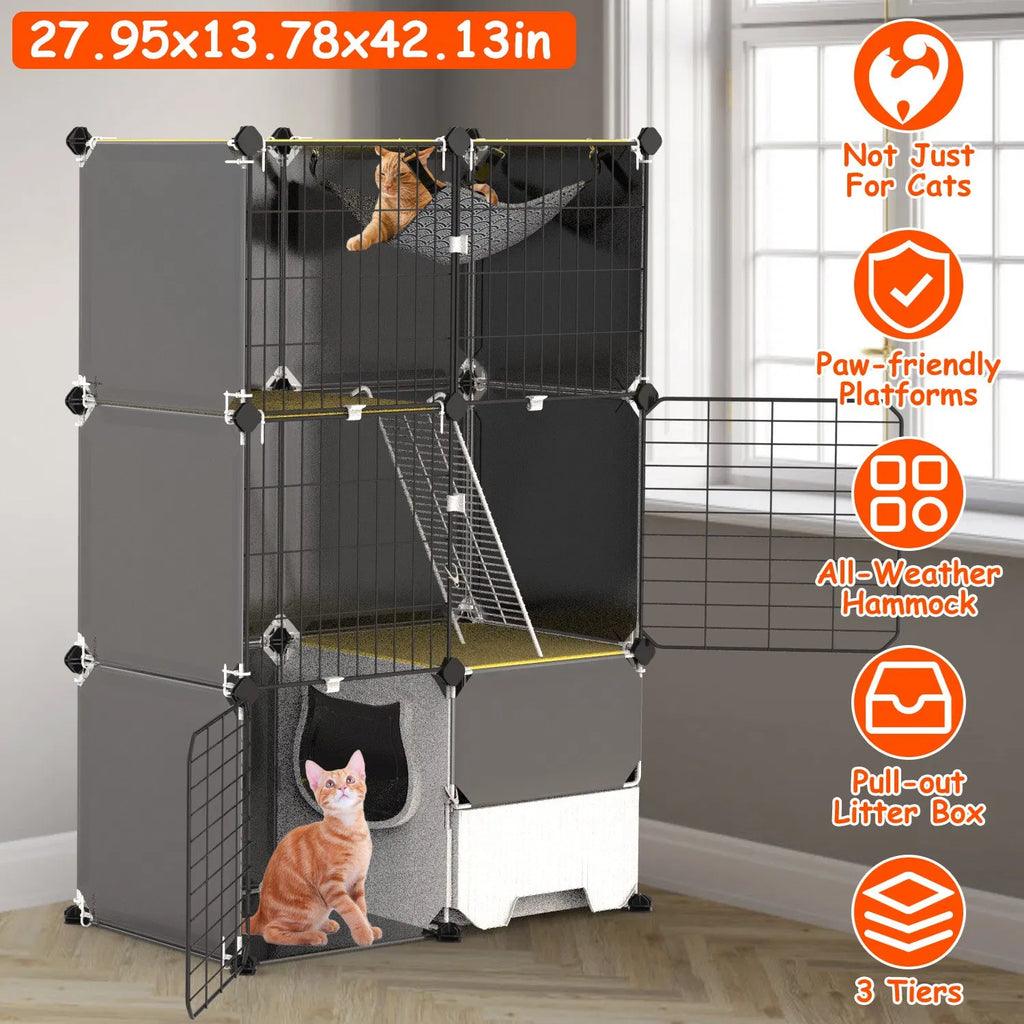 Multi Level Cat Playpen Cage 3 Tier Indoor Cat House with Built in Litter