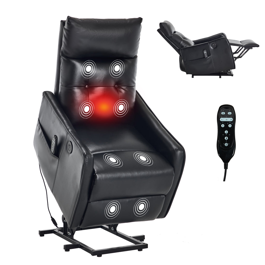 Black PU Single Motor Power Lift Recliner Chair with Massage and Heat for
