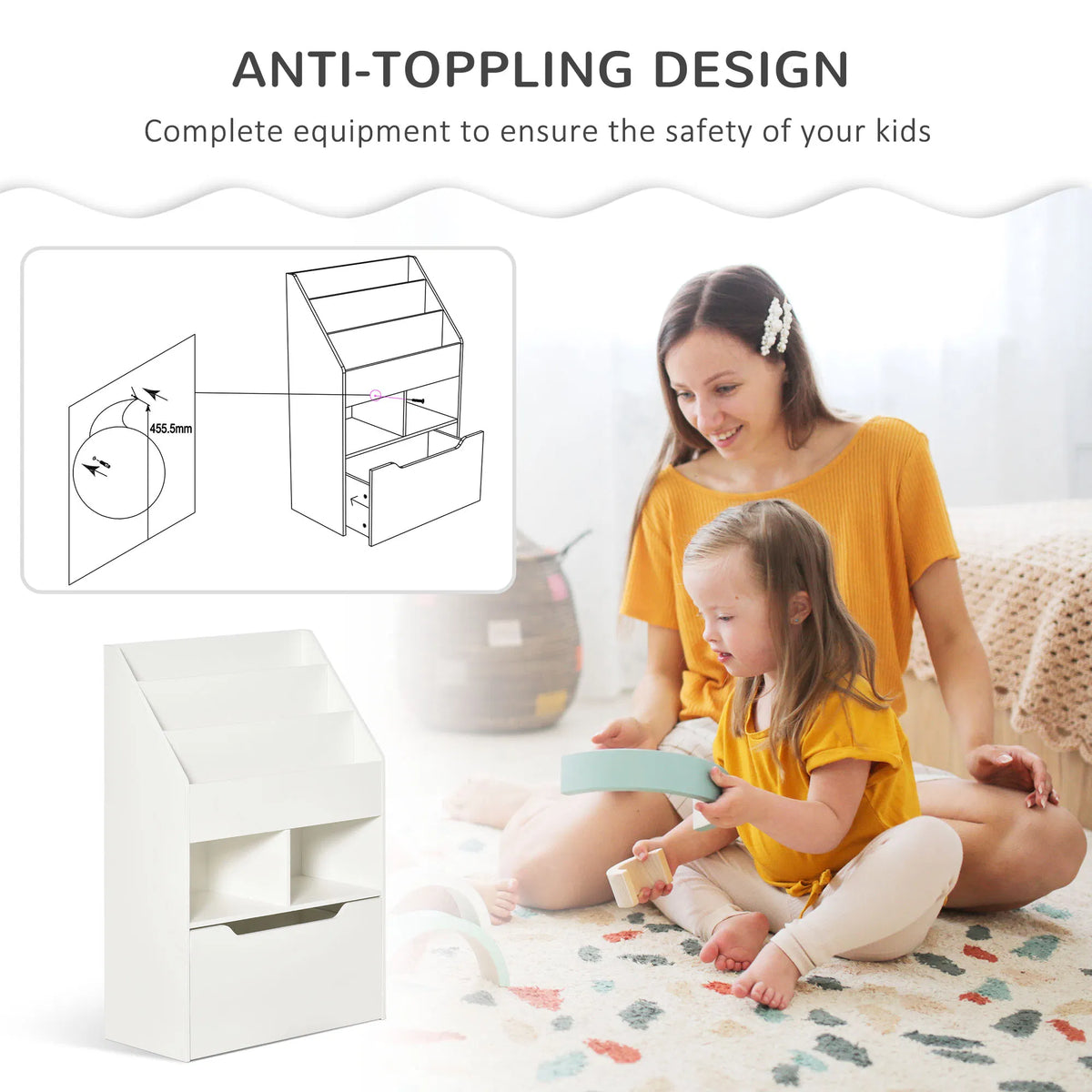 Kids Bookcase Multi Shelf Rack Organizer with Storage Drawer for Books for