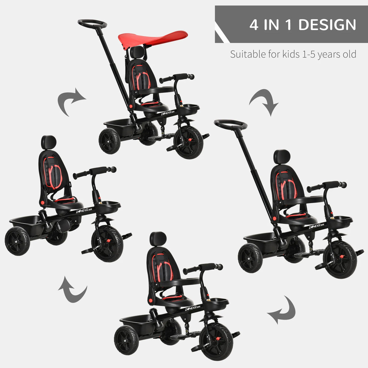 Kids Tricycle 4 In 1 Trike with Reversible Angle Adjustable Seat Removable - Image 2