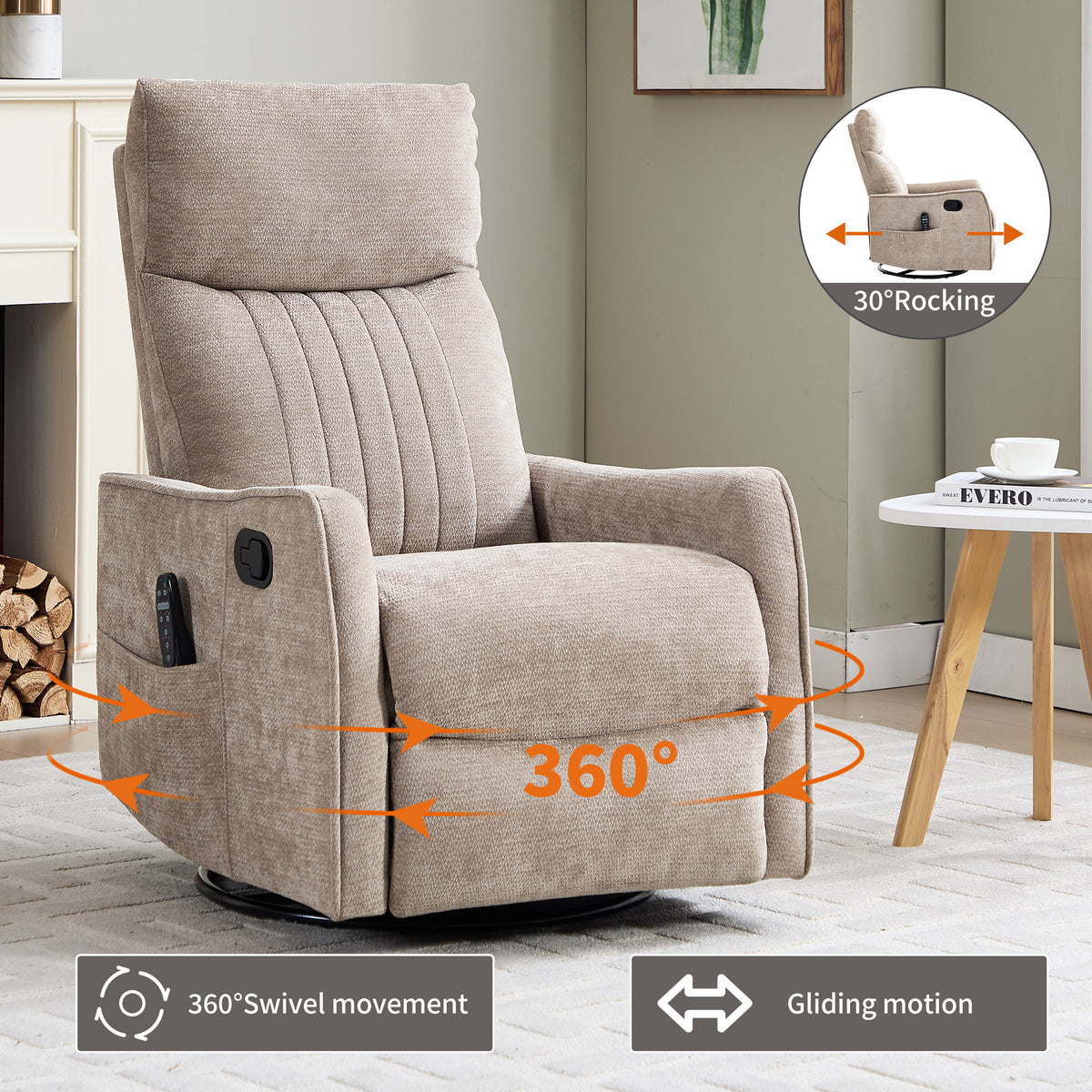 Khaki Heat Massage Manual Recliner Chair with Rocker and Swivel in Fabric for - Image 3