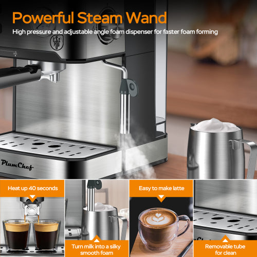20 Bar Professional Espresso Machine With Milk Frother Single & Double Shot - Image 2