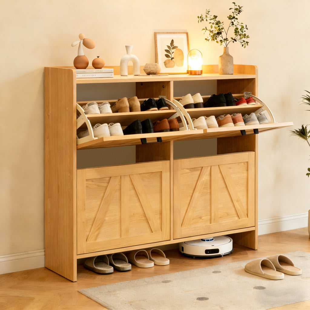 Light Oak Shoe Cabinet with Four Flip Drawers