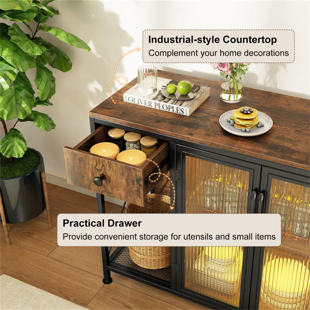 Rustic Brown Coffee Bar Table with Storage Drawer Cabinet RGB LED and Power Outlet - Image 2