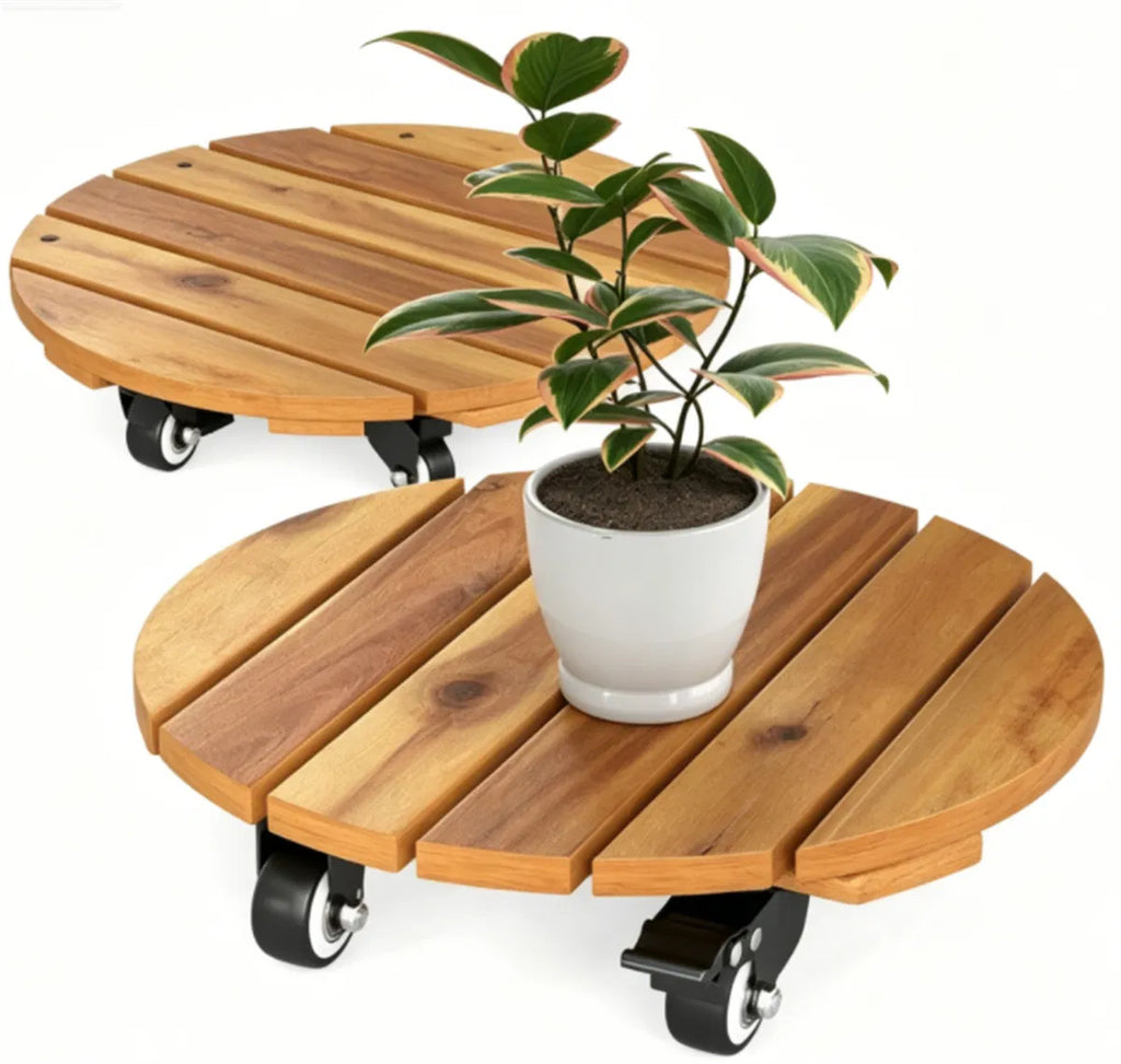 Set of 2 Natural Finish Wooden Plant Pot Mover Portable Round Plant Stand with - Image 3