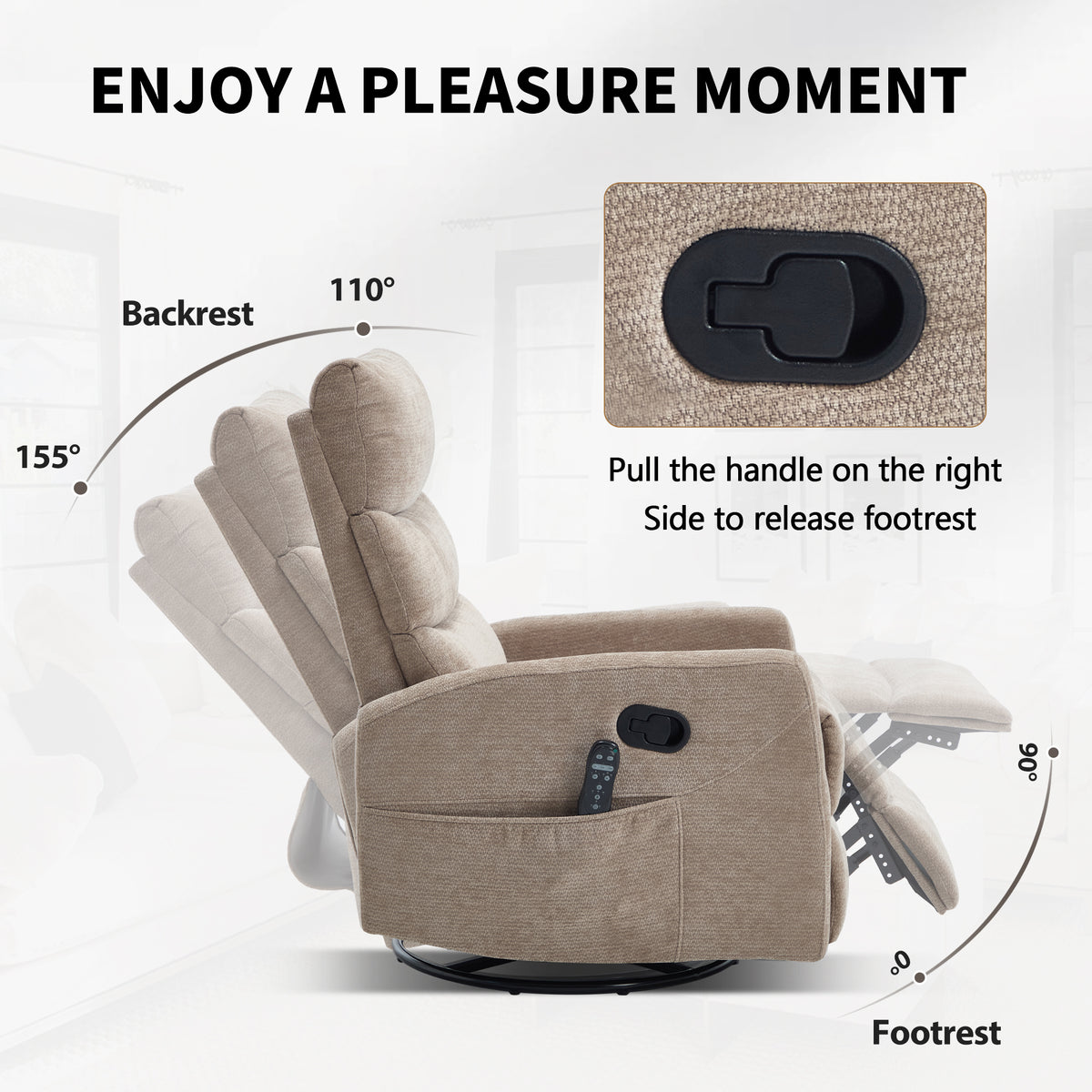 Heat Massage Manual Recliner Chair with Rocker and Swivel in Fabric for Living - Image 4