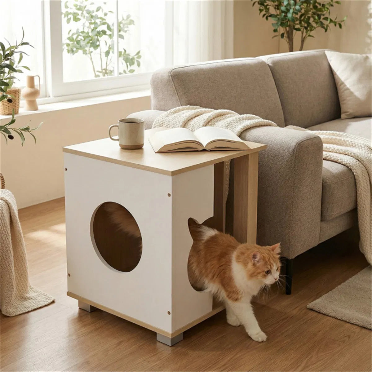 Multipurpose Wooden Cat House Nightstand Sturdy Metal Base Anti Slip Pet Furniture - Image 3