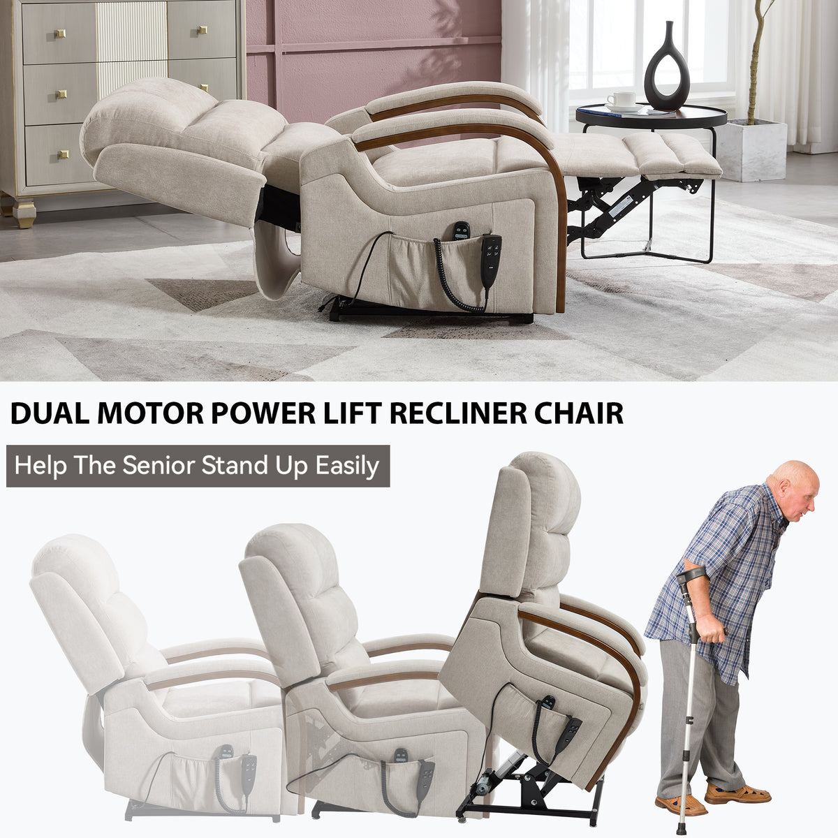 Power Beige Chenille Lift Recliner Chair Dual Motor Infinite Position Up to 350 - Image 2