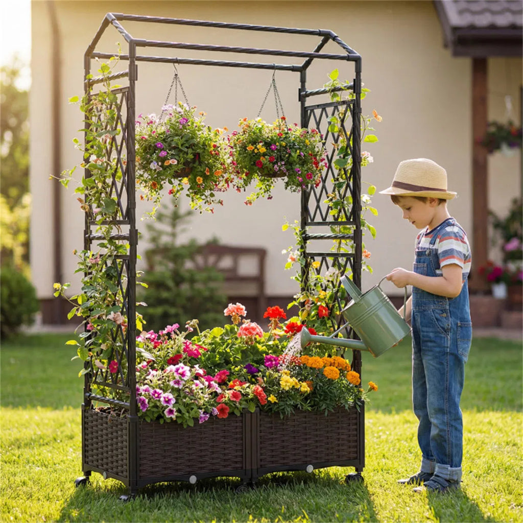 5.5 FT Raised Garden Bed with Trellis Self Watering Planter Boxes with Lockable - Image 3