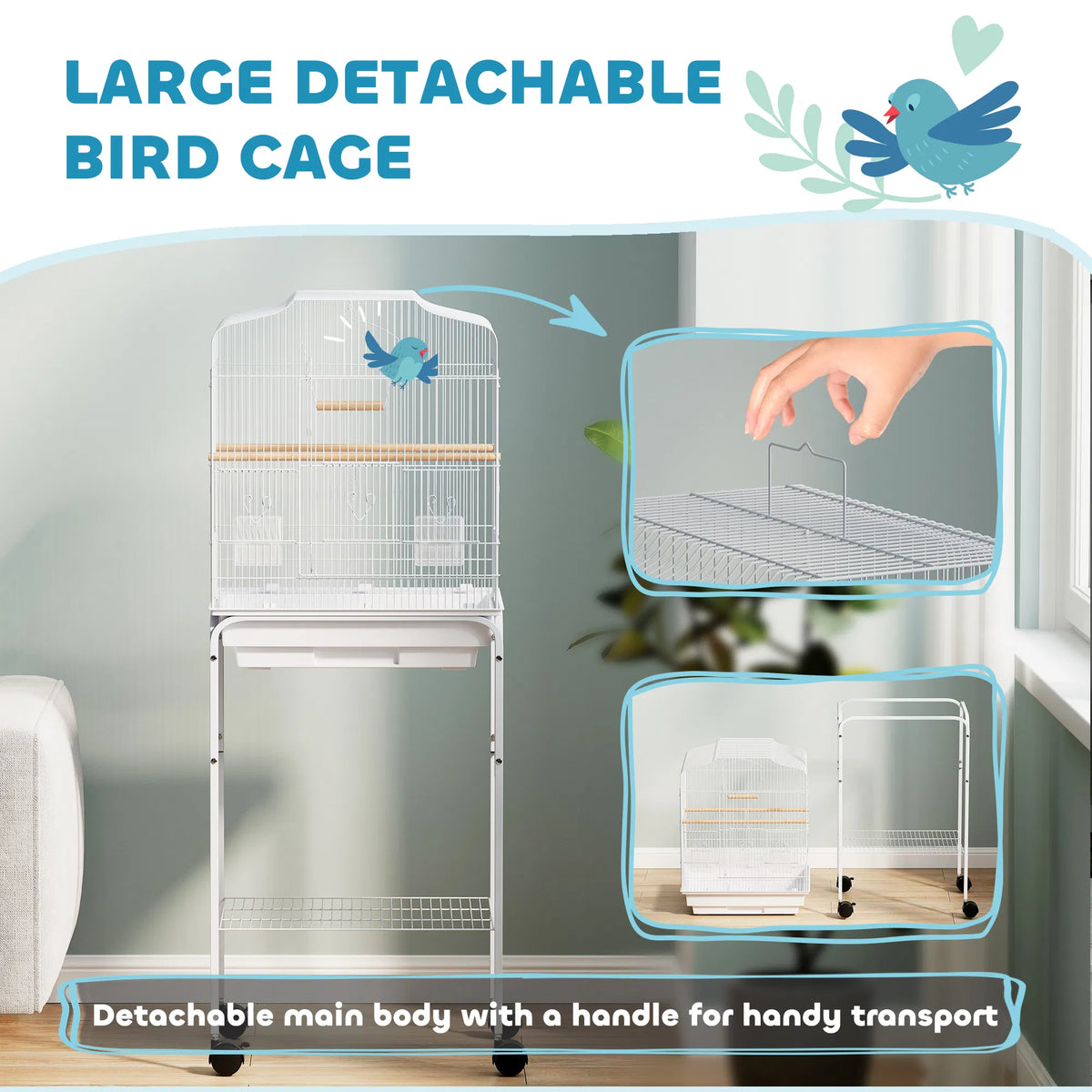 49" Rolling Bird Cage Cockatoo House Play Top Finch Pet Supply with Storage - Image 4