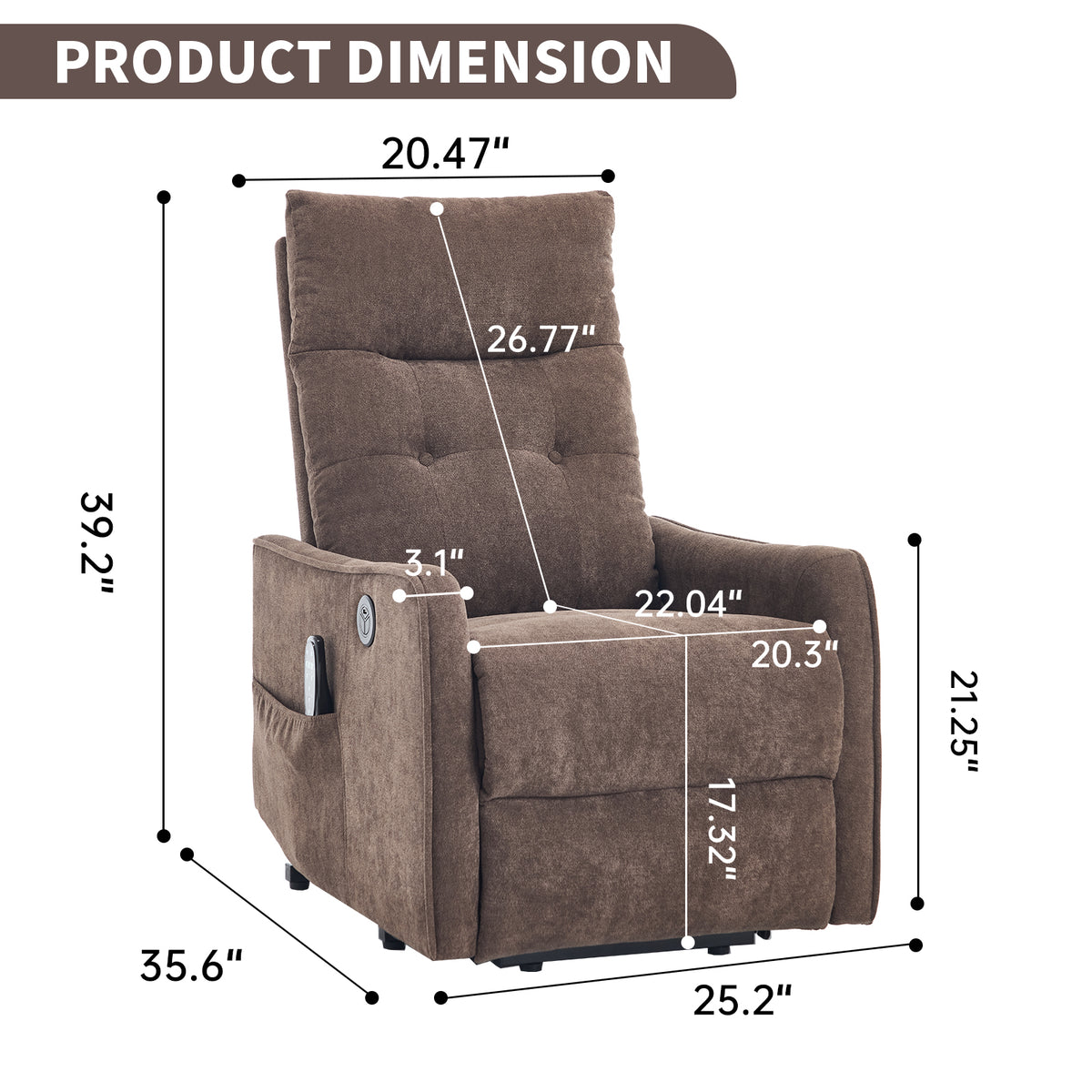 Brown Chenille Single Motor Power Lift Recliner Chair with Massage and Heat for