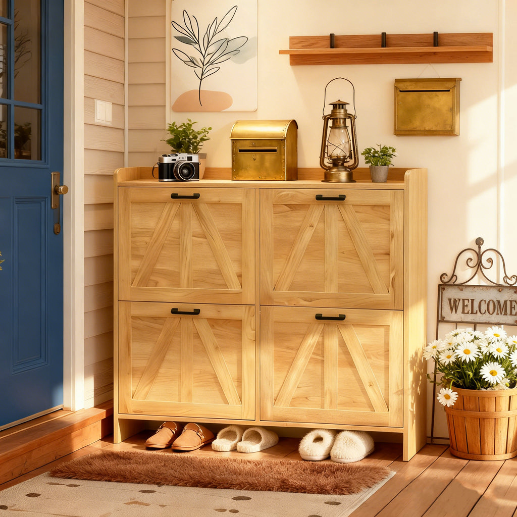 Light Oak Shoe Cabinet with Four Flip Drawers