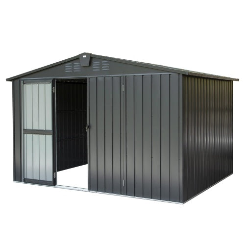 10x8ft galvanized steel outdoor storage shed with lockable sliding doors in dark gray - main view