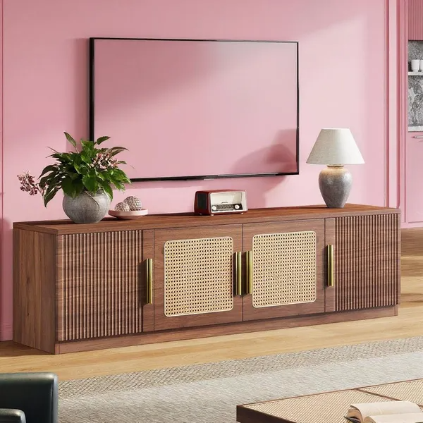 Long Wood TV Console with Six-Tier Storage Shelves