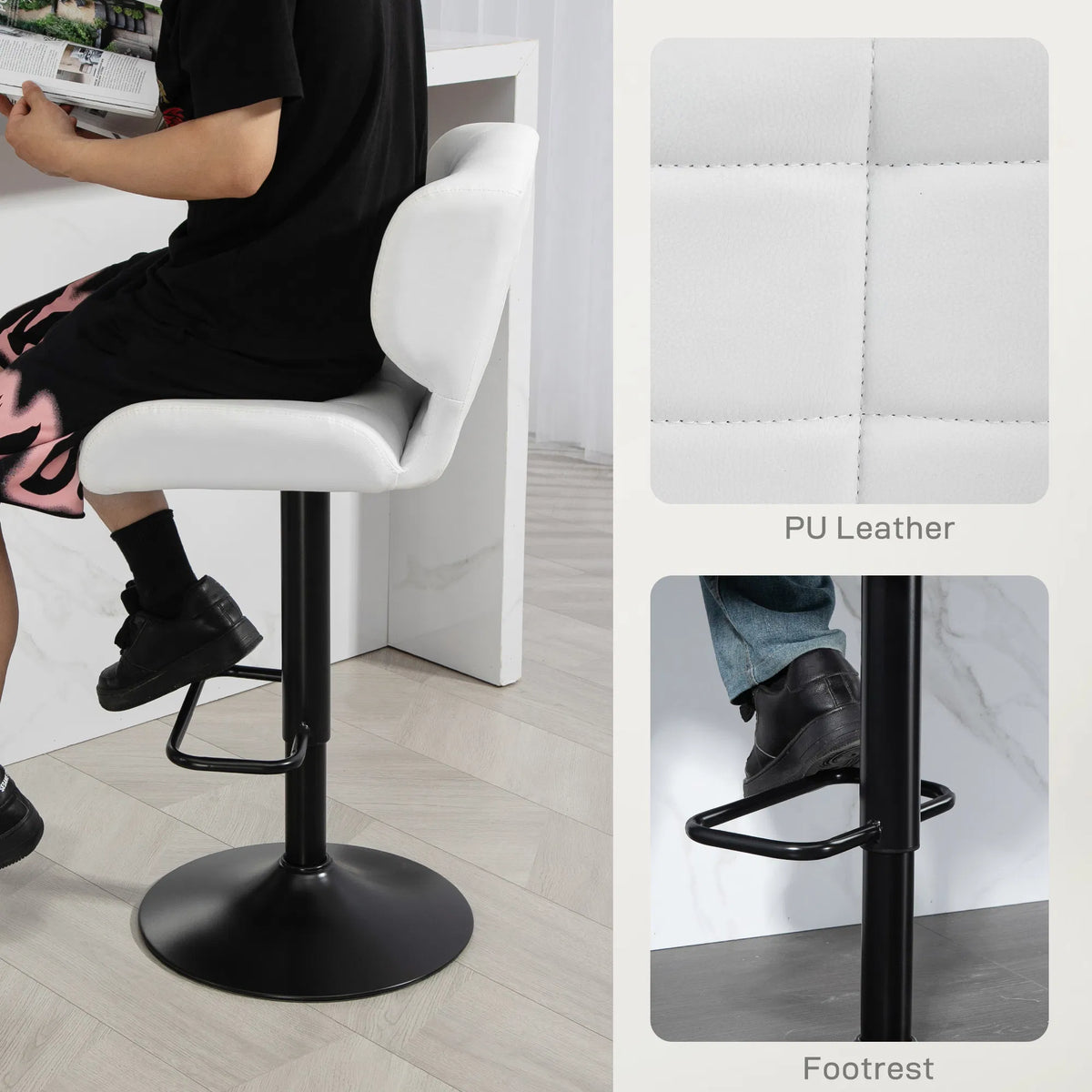Swivel PU Leather Barstools Set of 2 Adjustable Bar Stools with Footrest Back - Image 3