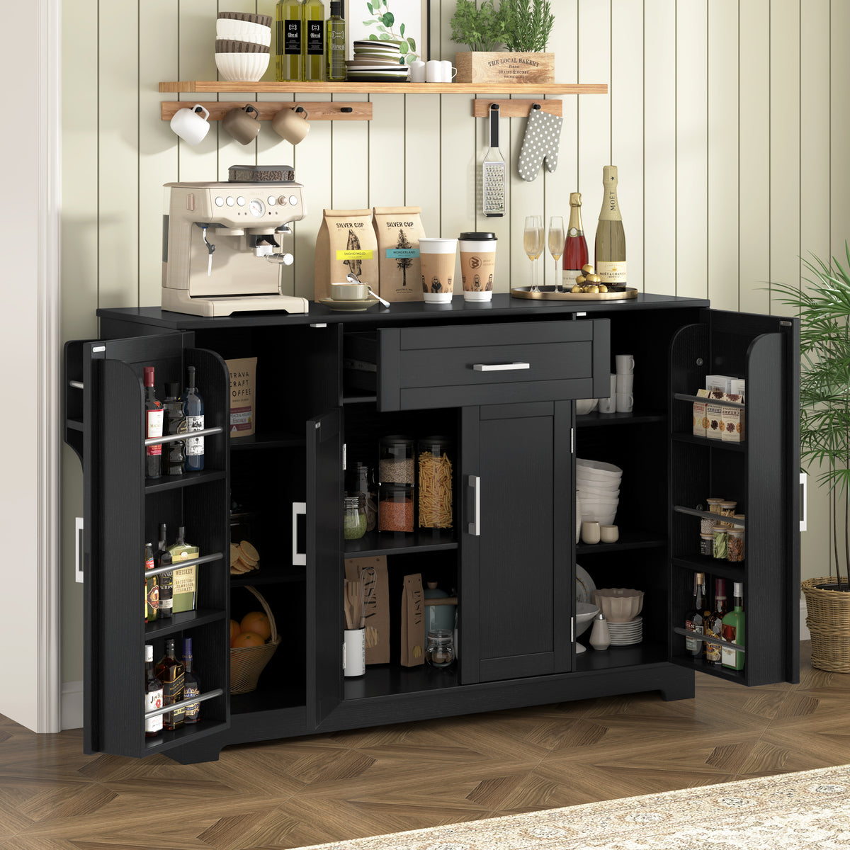 54in Black Sideboard Buffet Cabinet with Four Doors and Drawer