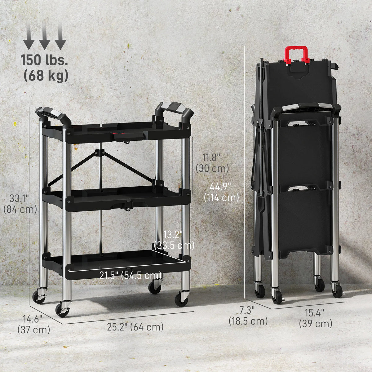 3 Tier Collapsible Tool Cart with Wheels 150 LBS Capacity Folding Utility Cart - Image 2
