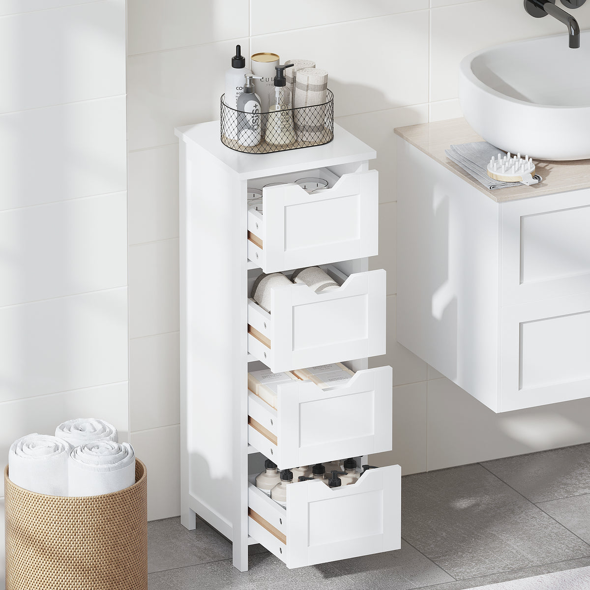 Narrow White 4-Drawer Bathroom Floor Cabinet
