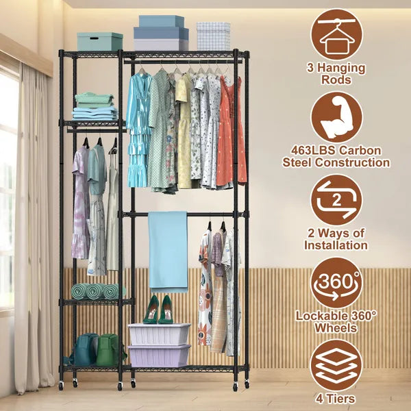 4 Tier Heavy Duty Garment Rack With Wheels Carbon Steel Clothing Rack Portable - Image 2