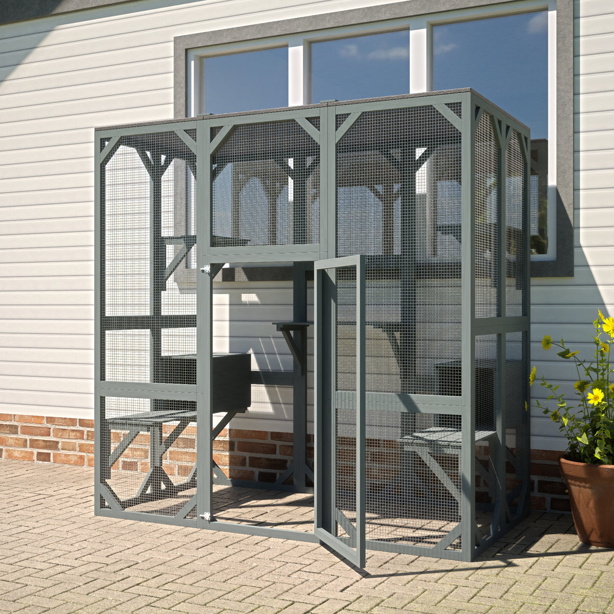 Outdoor Cat House Wooden Catio Enclosure Cover Large Cage With Jump Platforms
