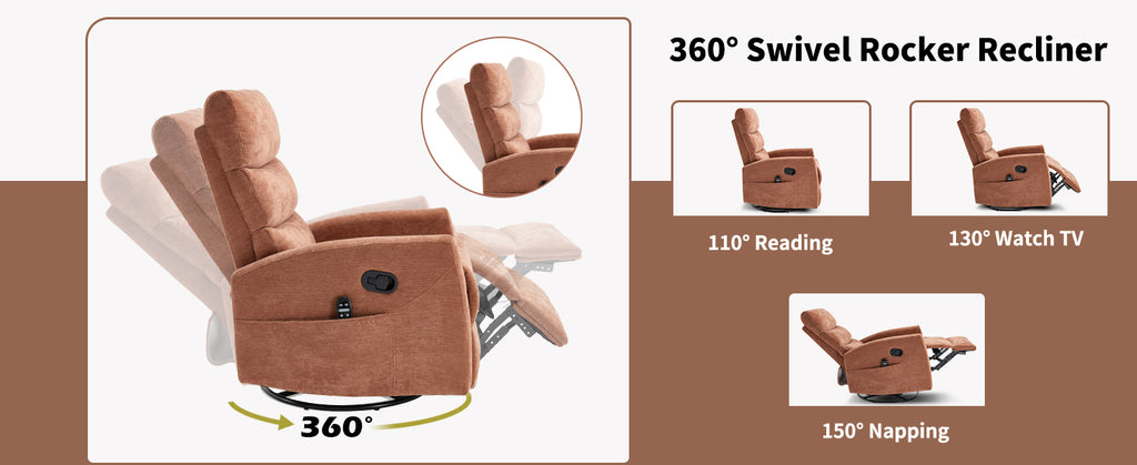 Heat Massage Manual Recliner Chair with Rocker and Swivel in Fabric for Living - Image 4