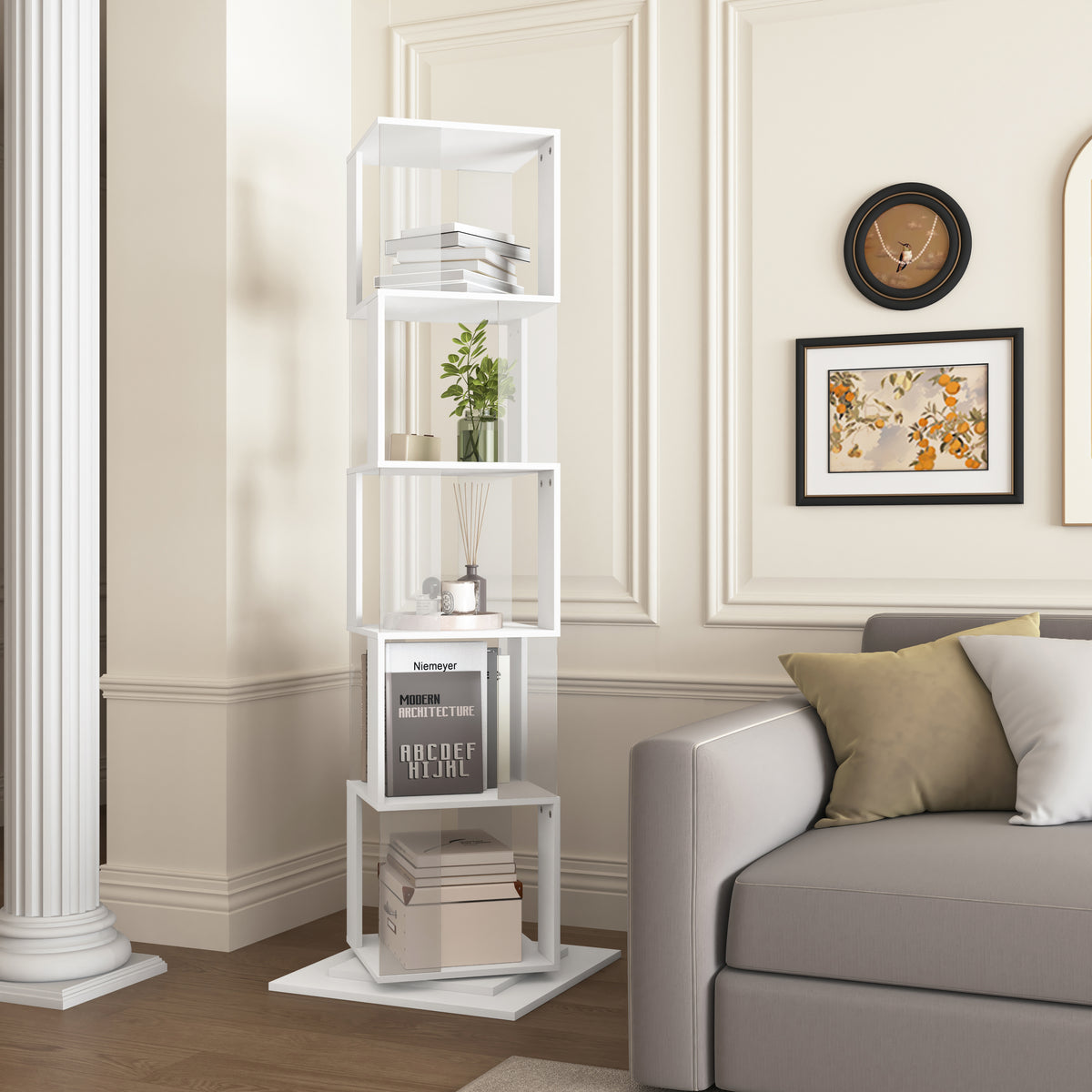 5-Tier White 360-Degree Rotating Bookshelf
