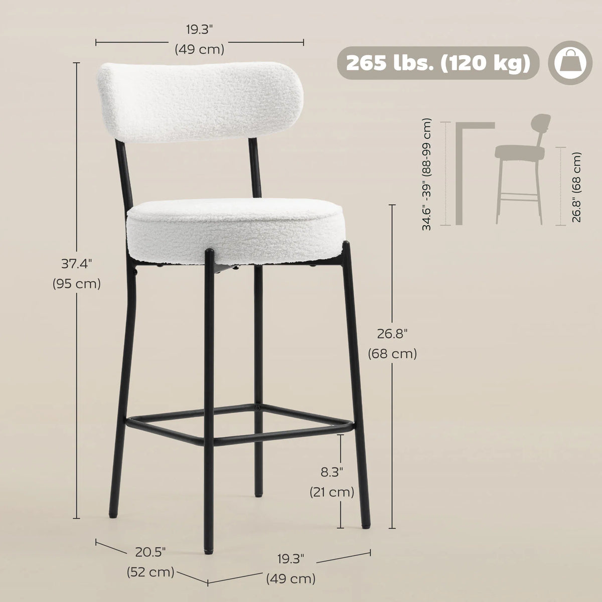 Set of 2 Barstools Upholstered Bar Stools with Backrest Footrest for Kitchen - Image 2