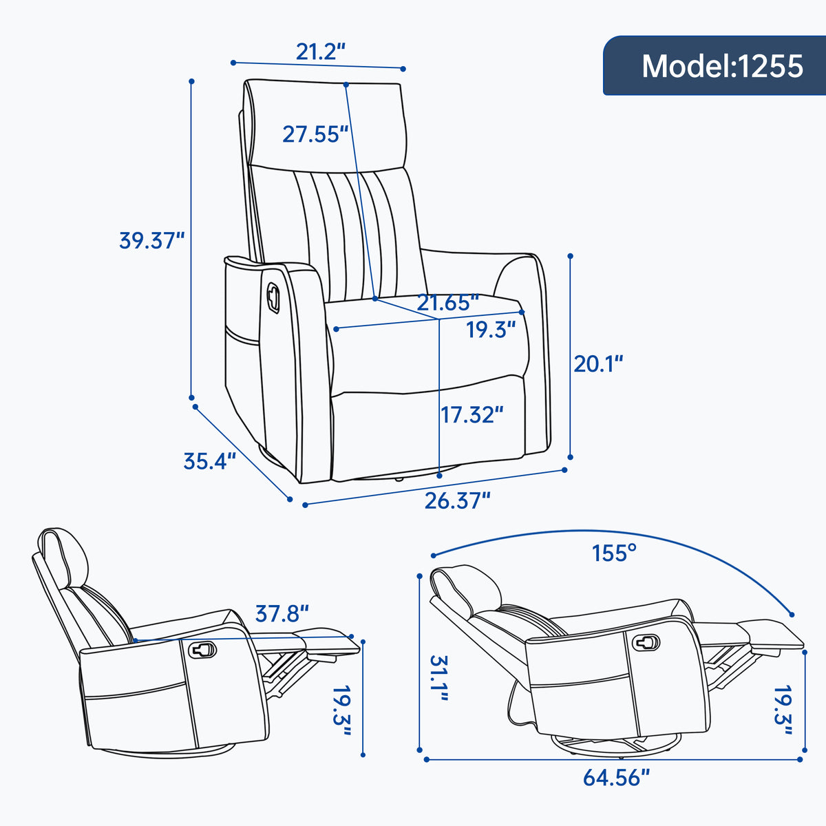 Orange Heat Massage Manual Recliner Chair with Rocker and Swivel in Fabric for - Image 2