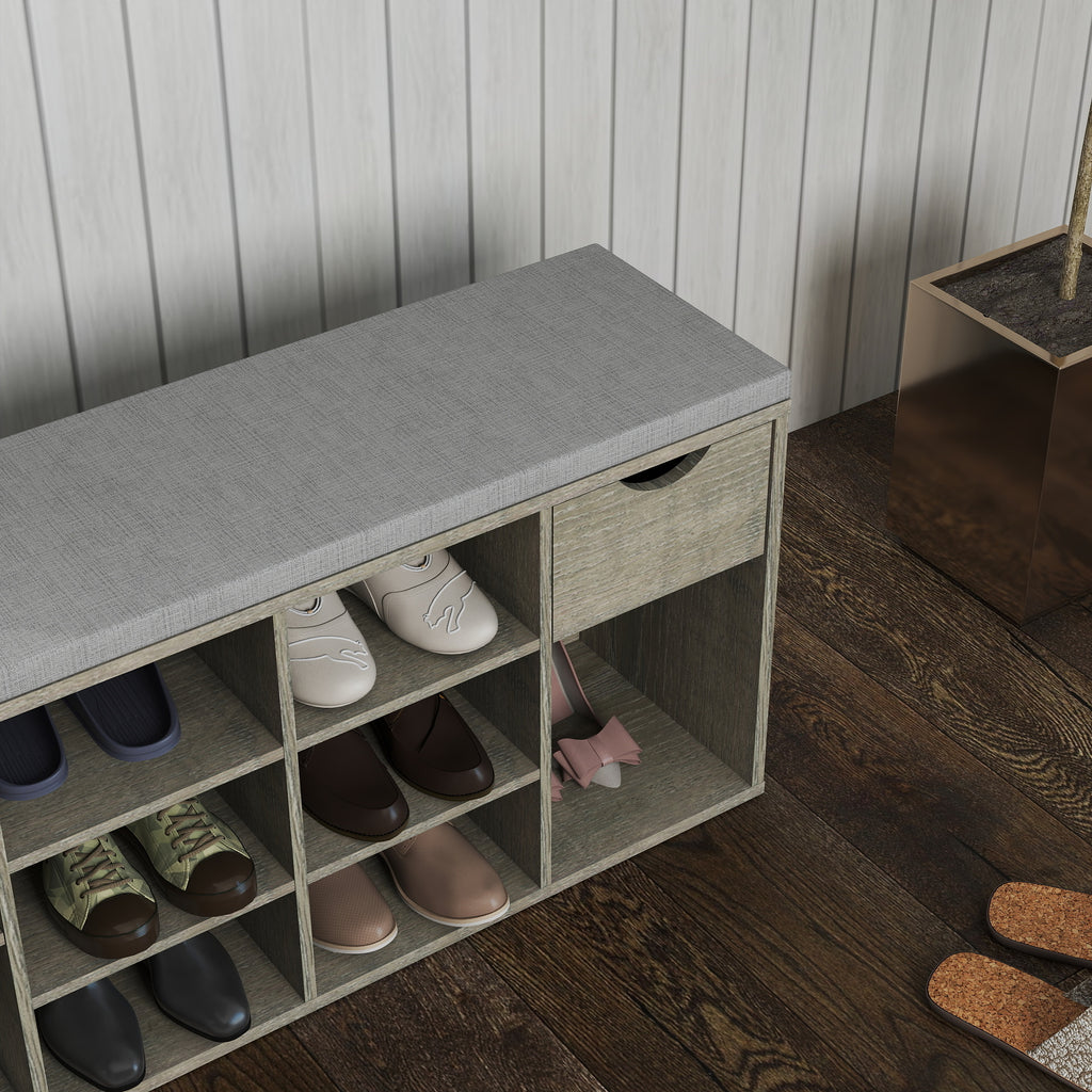 Gray Shoe Storage Bench with Drawer and Cushion