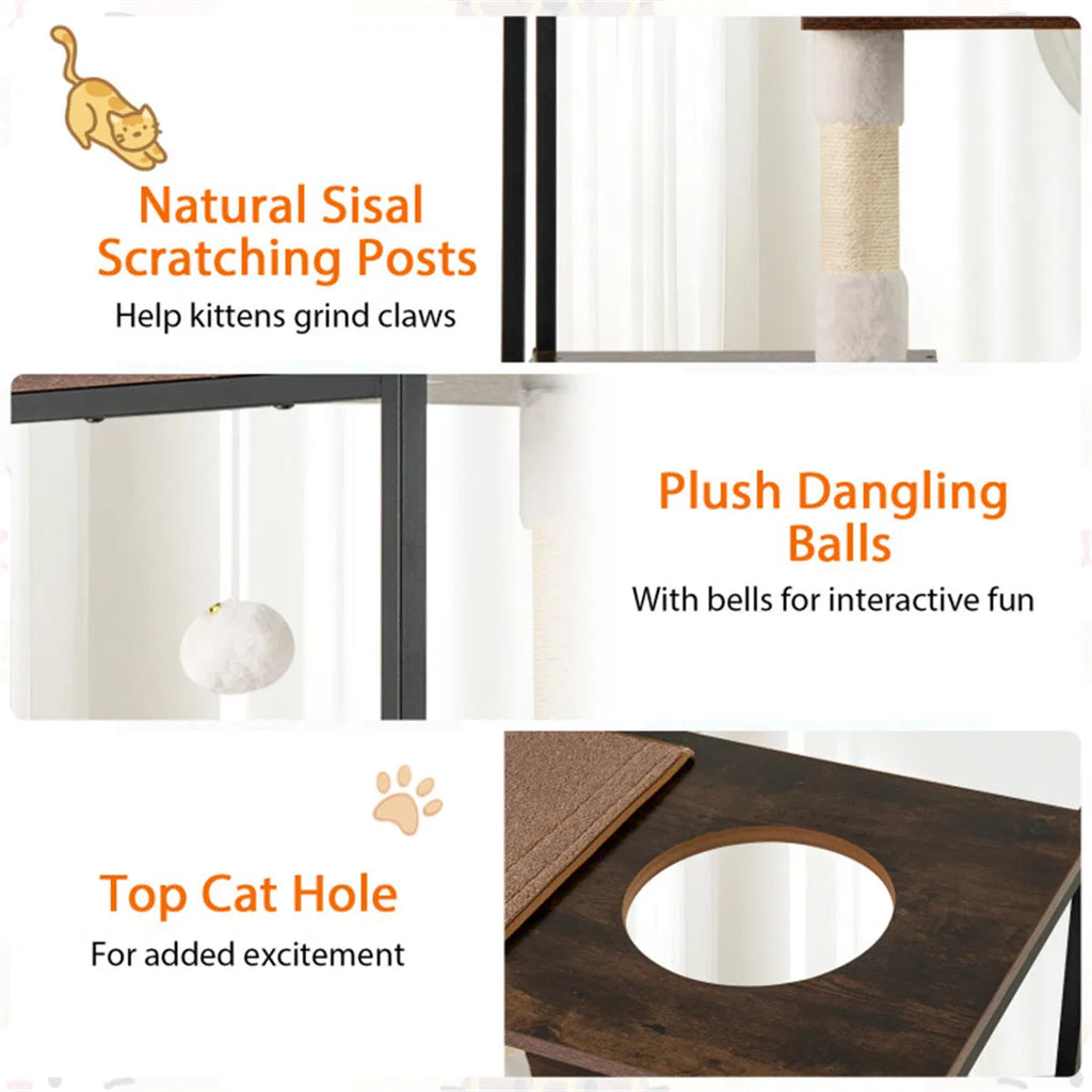 Stylish Wood Metal Cat Tree 33 lbs Per Layer Capacity 2 Private Condos + 2