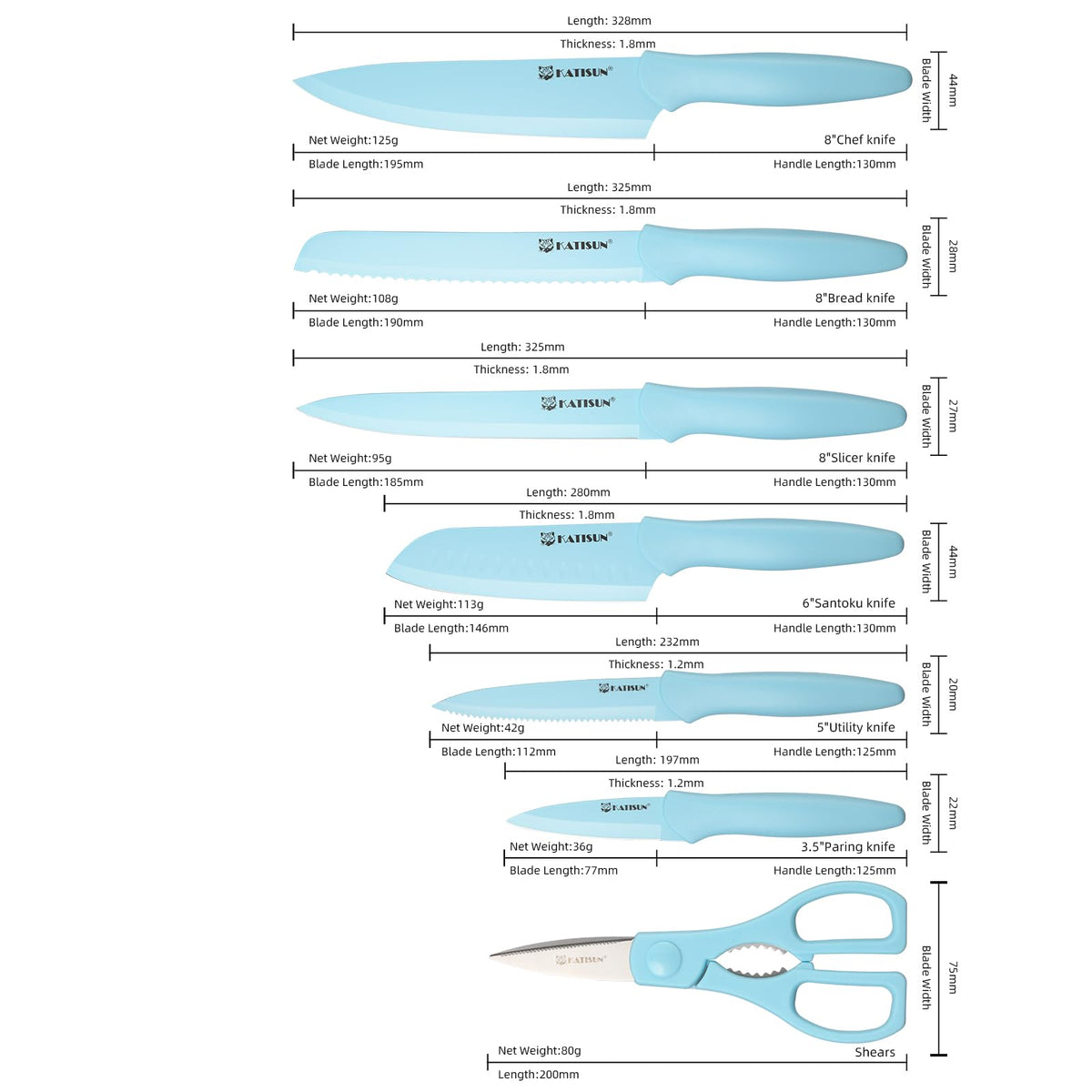 Kitchen Knife Set With Guards 13 Piece Blue Non Stick Stainless Steel Boxed - Image 3