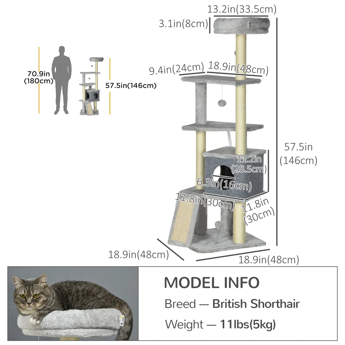 57.5" Cat Tree with Scratching Posts Large Cat Tower for Indoor Cats with Bed - Image 5