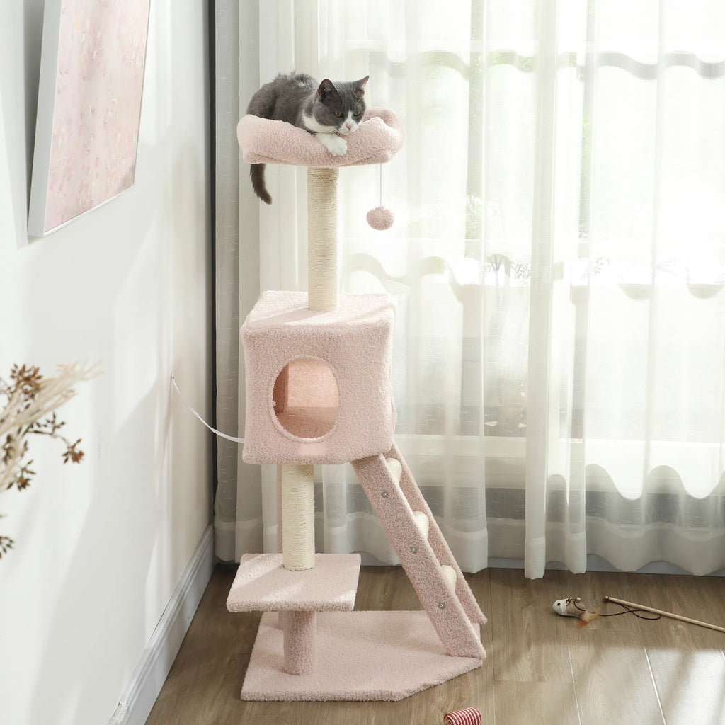 47" Tall Cat Tree Tower with Condo Ladder Scratching Posts and Hanging Ball Pink - Image 4