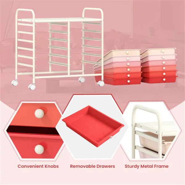 12 Drawer Rolling Storage Cart 2 Row 10 Storey Multicolor Drawers 4 Wheels - Image 3