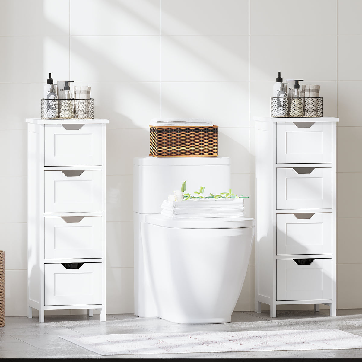 Narrow White 4-Drawer Bathroom Floor Cabinet
