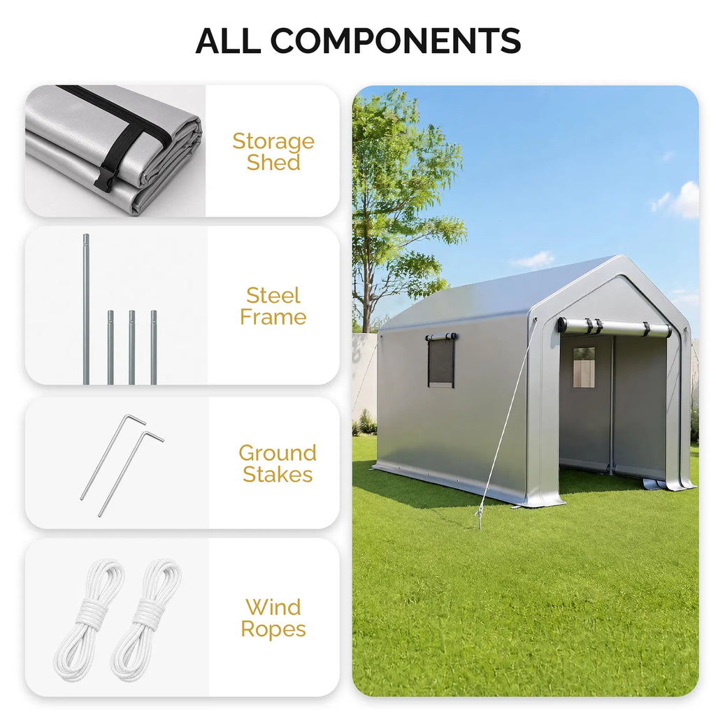8x10ft outdoor storage shelter shed with roll up windows and steel frame - angle 6 detail