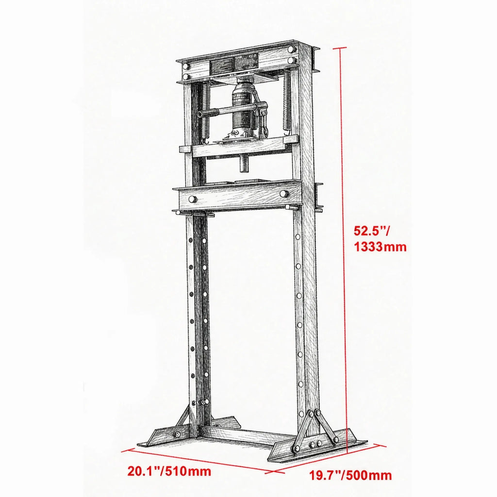 12 Ton H Frame Hydraulic Shop Press with Adjustable Floor Plates - Dimensions and Specifications