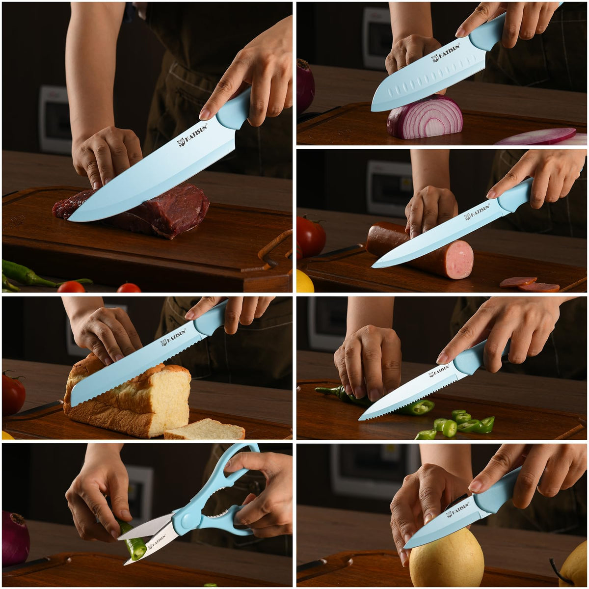 Kitchen Knife Set With Guards 13 Piece Blue Non Stick Stainless Steel Boxed - Image 4