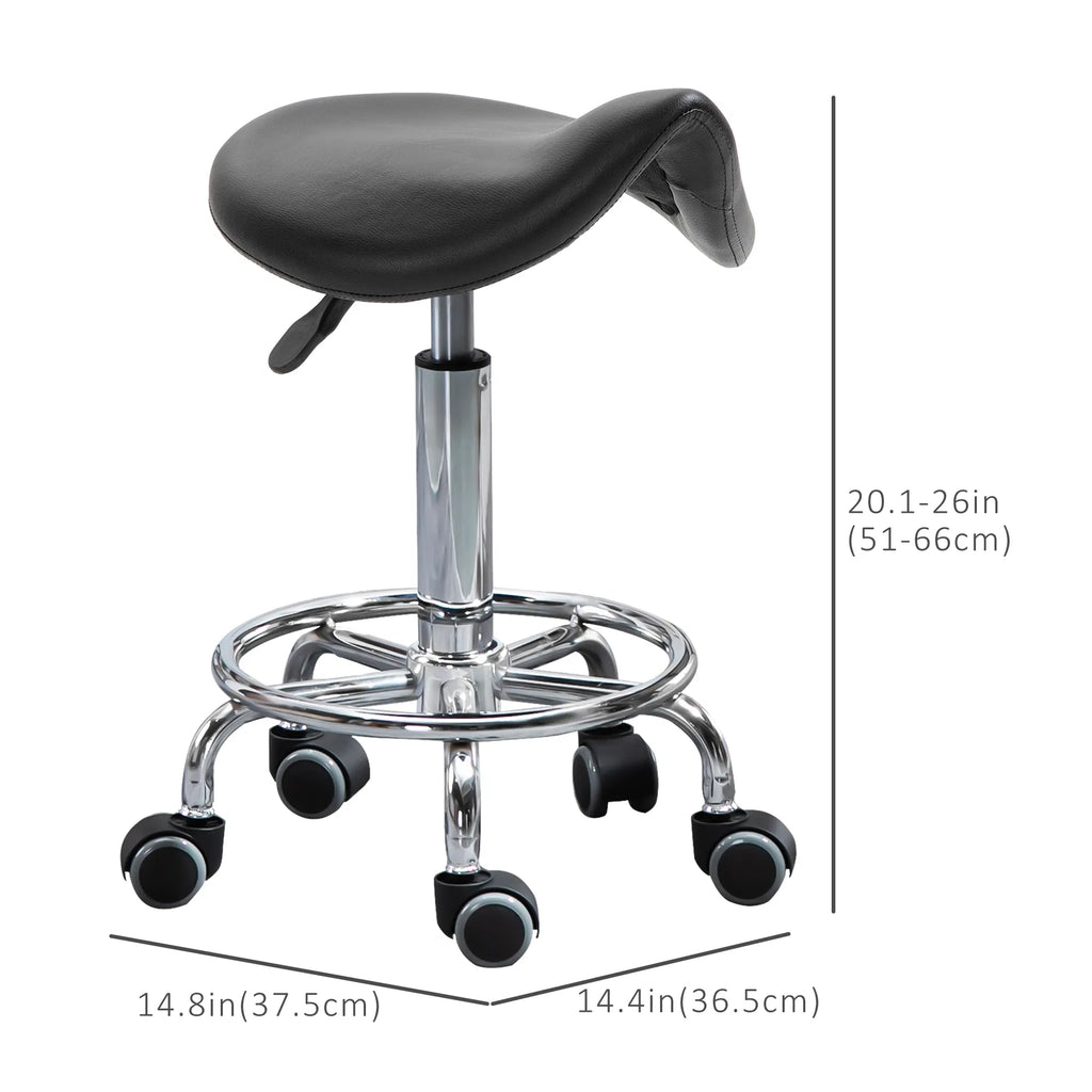 Saddle Stool PU Leather Adjustable Rolling Salon Chair Black for Massage Spa