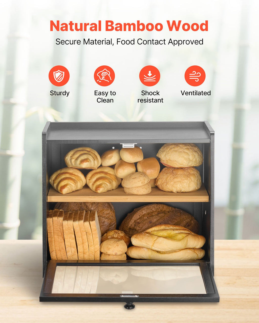 Double Layer Bread Box For Kitchen Counter Bamboo Storage Container Black - Image 5