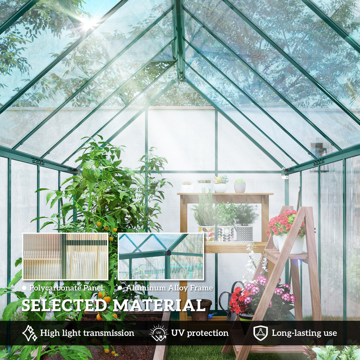 8x10ft walk in polycarbonate greenhouse in use lifestyle