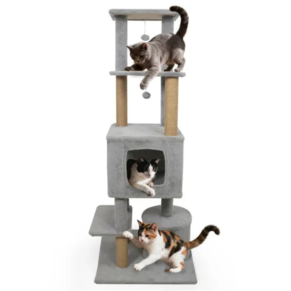 64" Light Gray Cat Tower With Plush Perches & 3 Dangling Balls Jute Scratching - Image 3