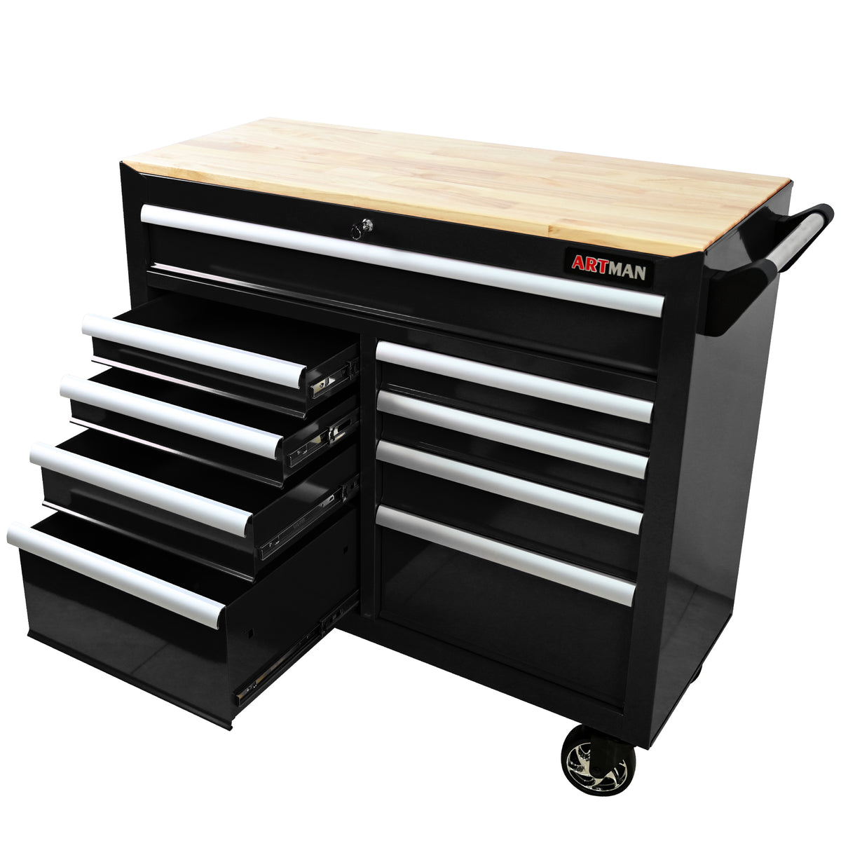 9 DRAWERS MULTIFUNCTIONAL TOOL CART WITH WHEELS AND WOODEN TOP - Image 5
