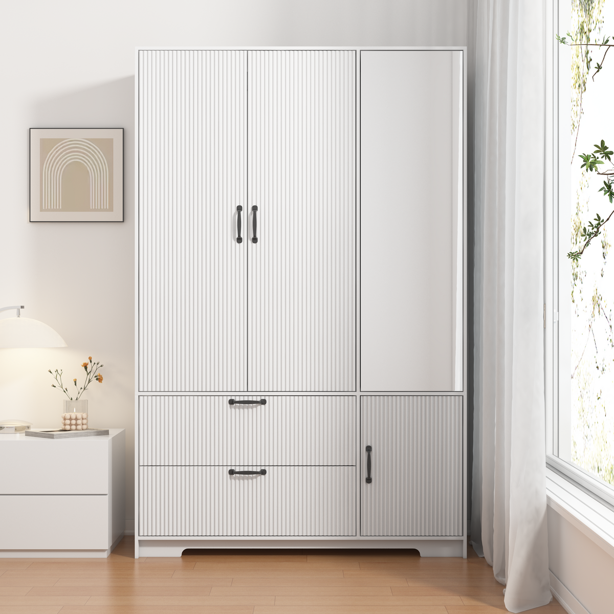72in Four-Door Wardrobe Closet with Mirror, Drawers and Interior Light