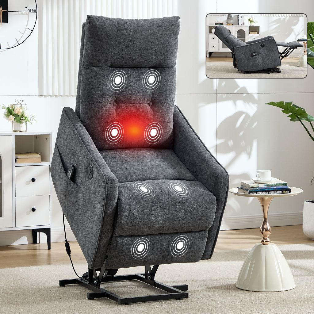 Grey Chenille Single Motor Power Lift Recliner Chair with Massage and Heat for - Image 5