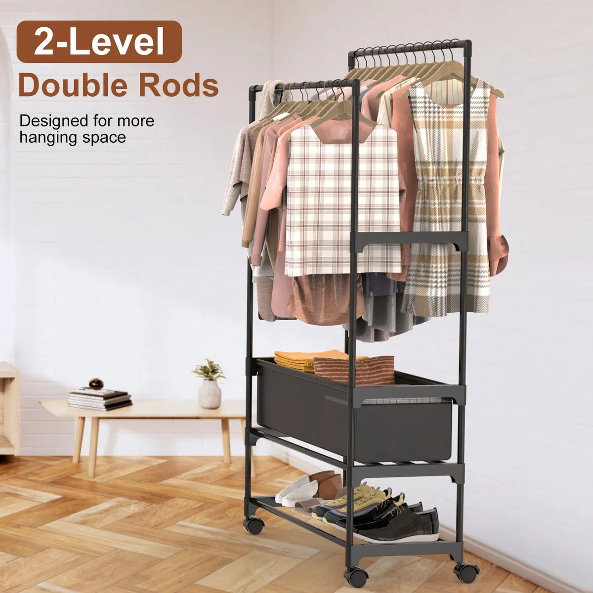 1Pc Double Rods Garment Rack with Storage Bag Portable Clothing Rack with - Image 2