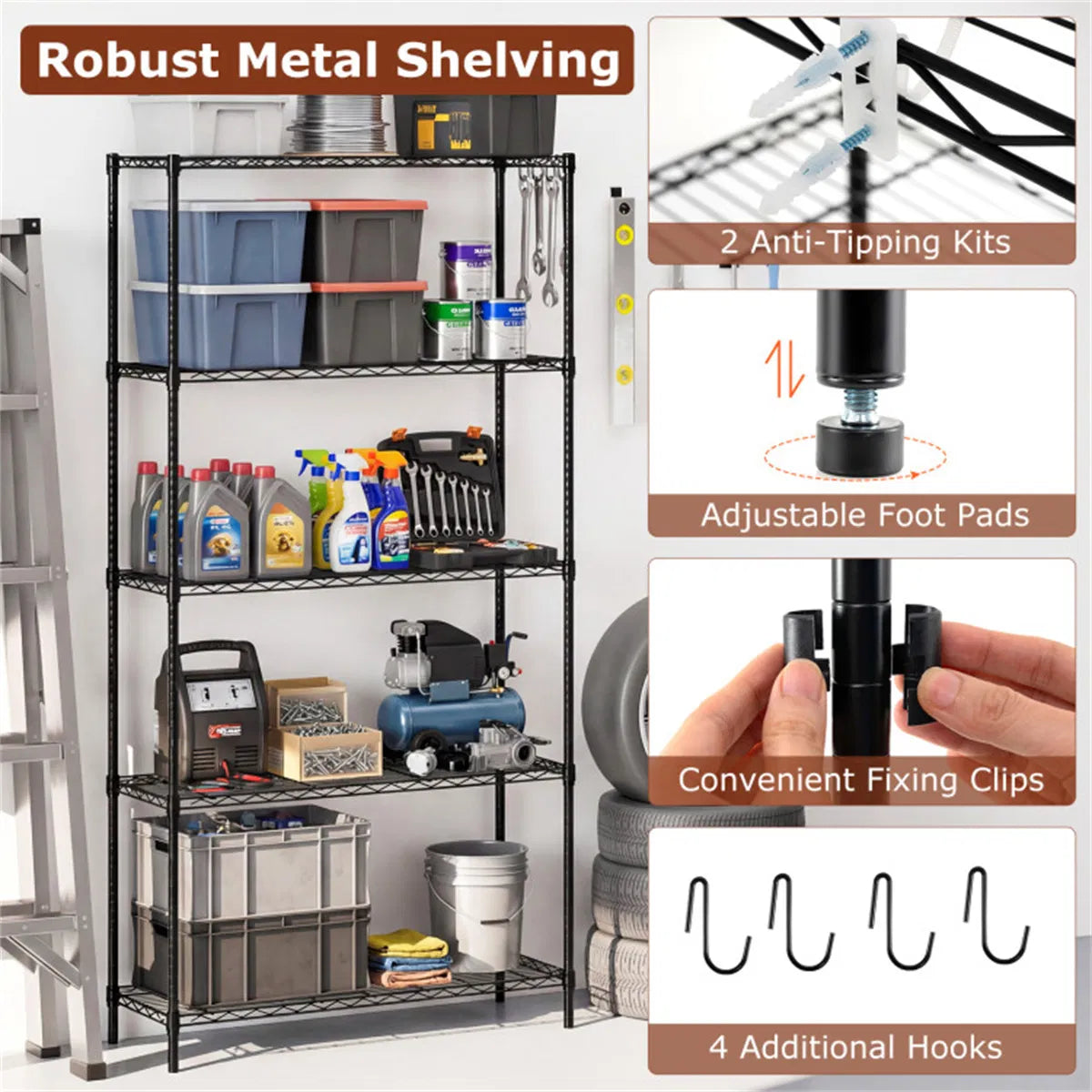 5 Tier Heavy Duty Metal Wire Shelving Unit 1250 lbs Capacity Adjustable Storage Rack - Image 7